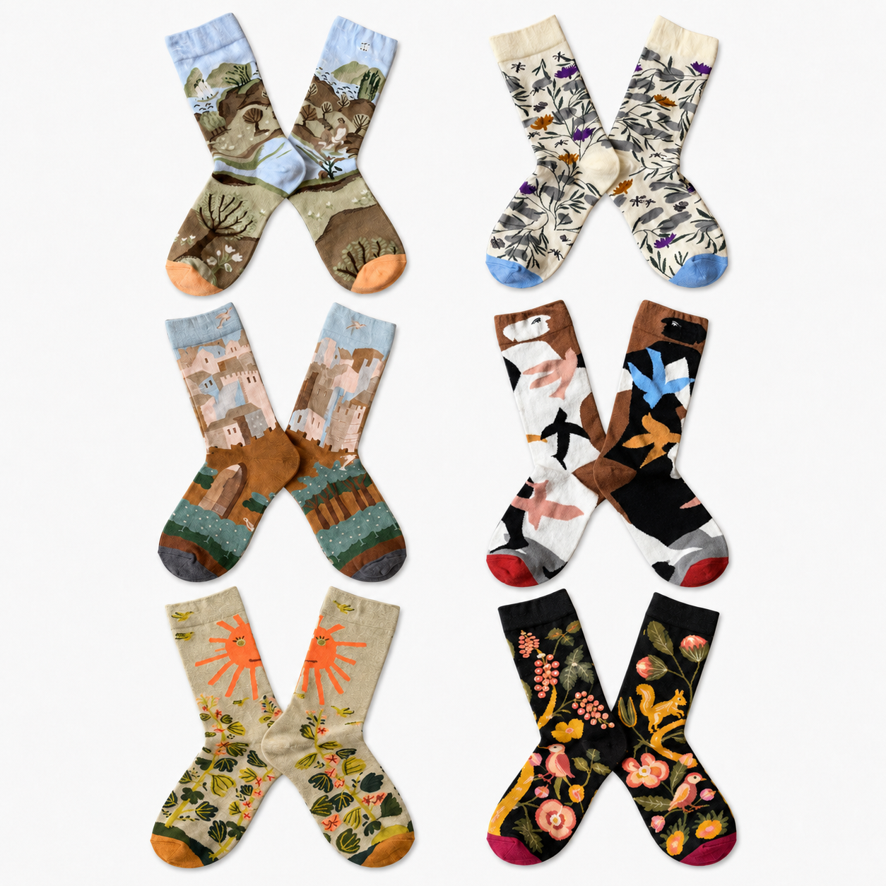 Whimsical Nature Art Crew Socks – Scenic, Floral & Striped Designs