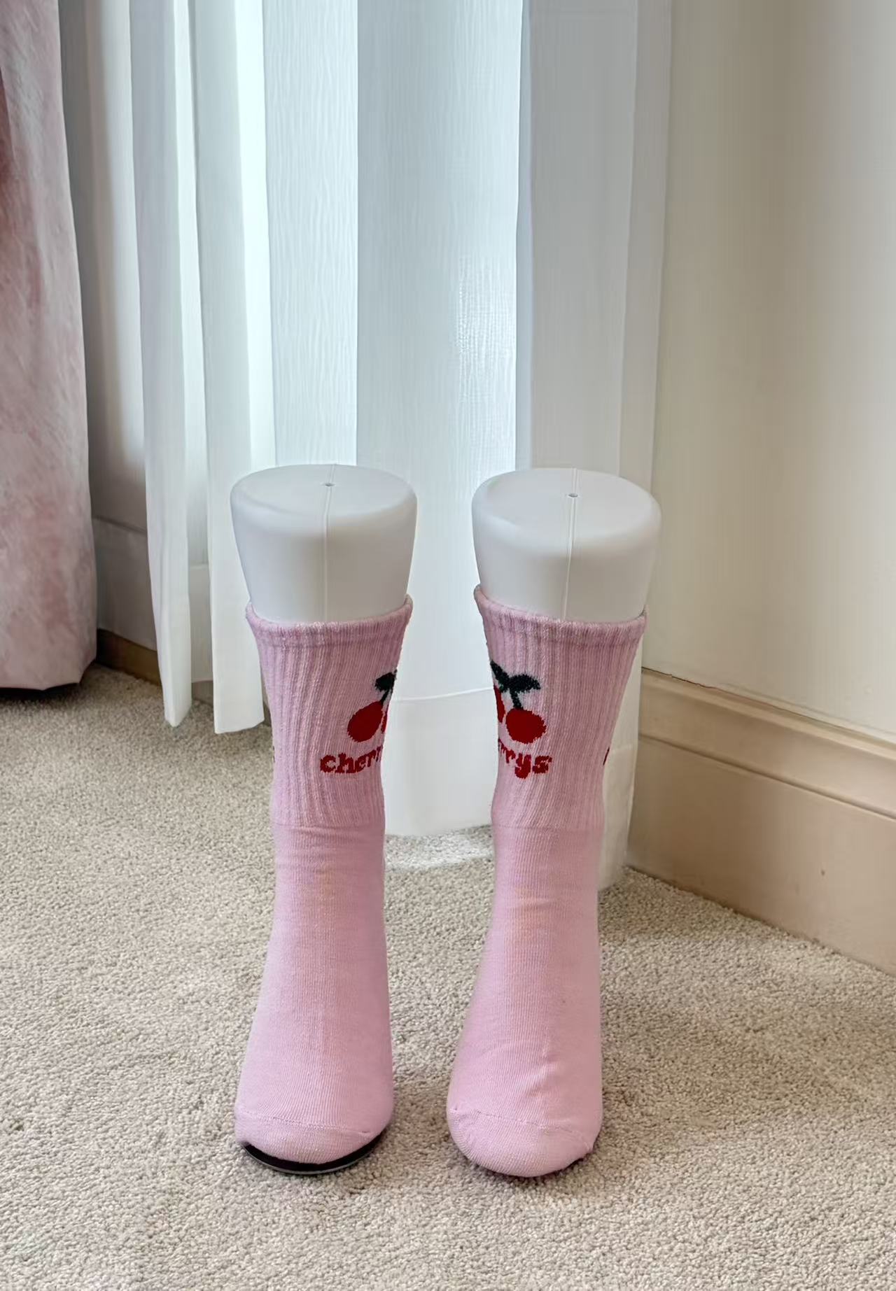 Vintage Cherry Graphic Ribbed Crew Socks - Pink Y2K Aesthetic