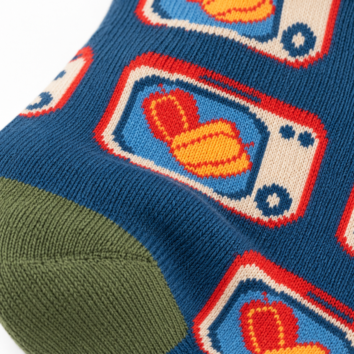 Women’s Vintage TV Print Crew Socks – Retro Blue & Green Cotton Socks