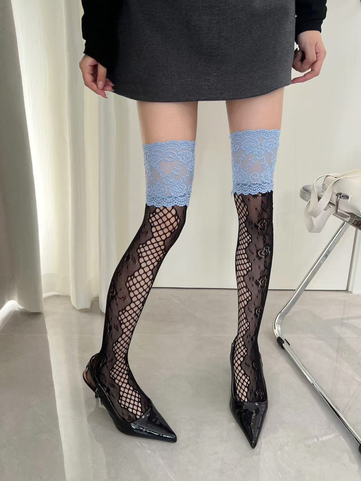 Black Floral Fishnet Thigh-Highs with Blue Lace Tops