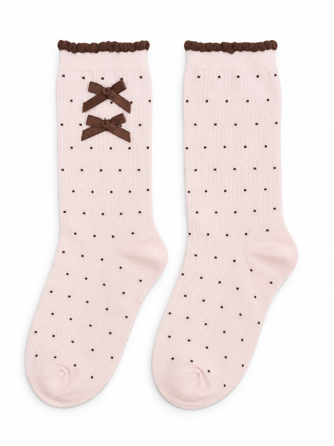 Pink Polka Dot Socks with Brown Bows