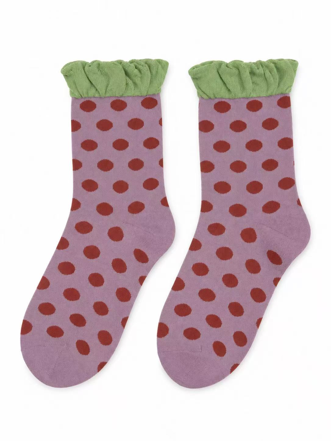 Lilac Polka Dot Socks with Green Ruffle Cuffs