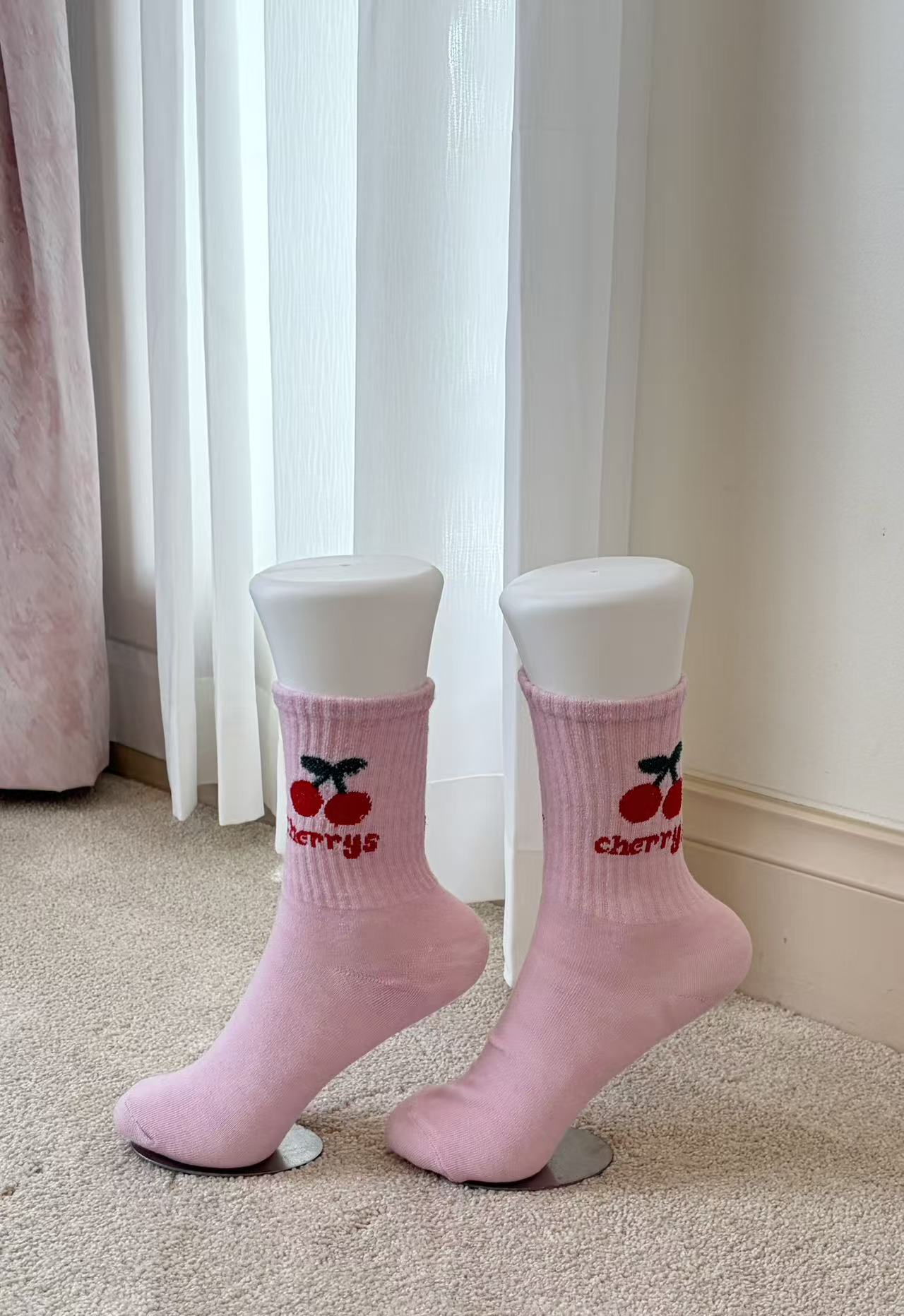Vintage Cherry Graphic Ribbed Crew Socks - Pink Y2K Aesthetic