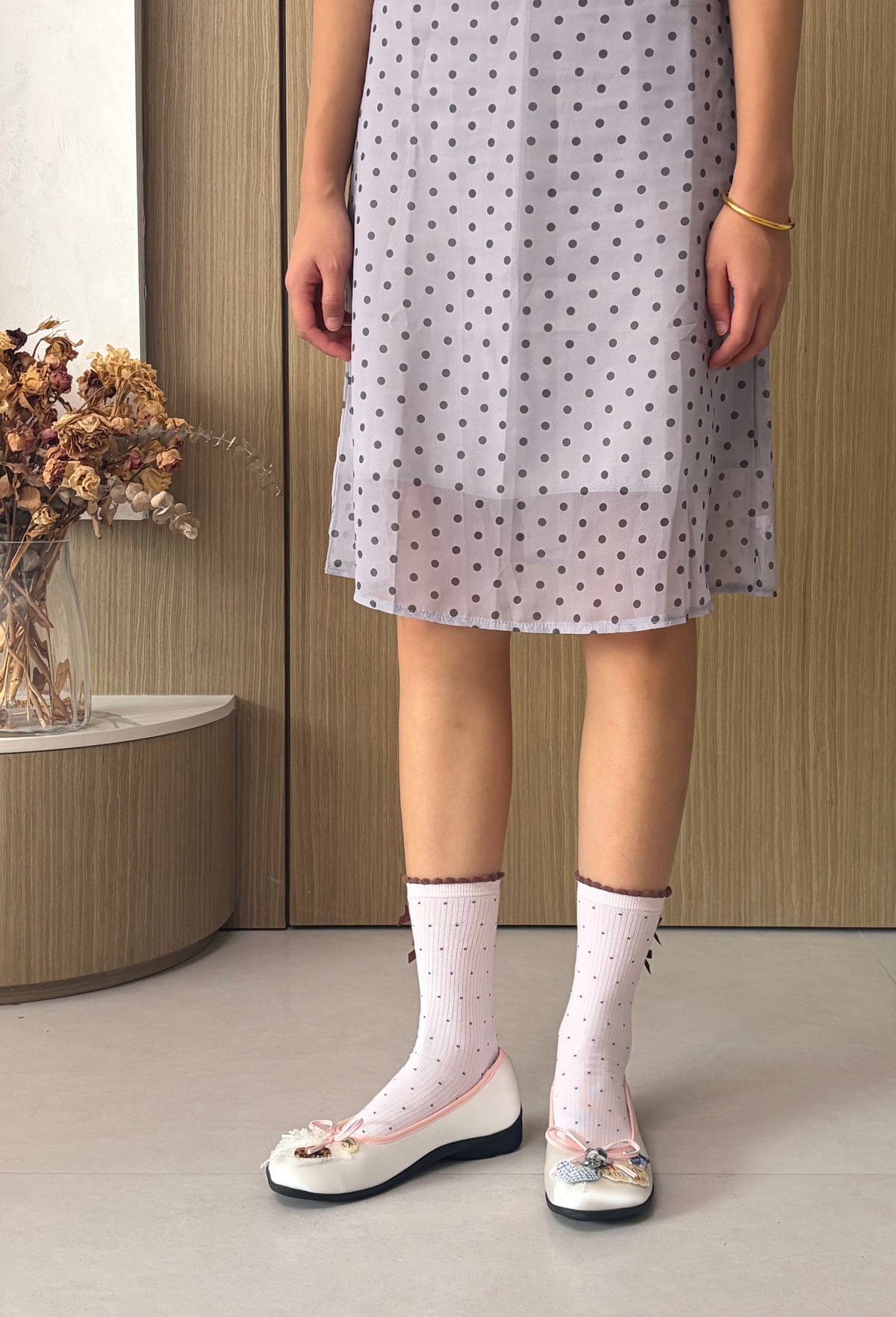 Pink Polka Dot Socks with Brown Bows