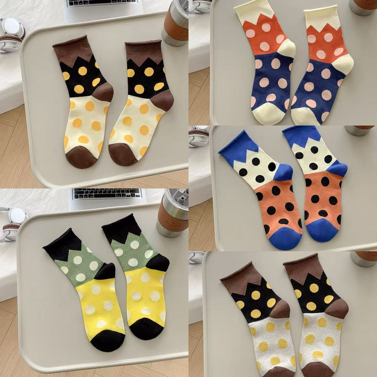 Retro Polka Dot Colorblock Crew Socks – Cotton Mismatched Socks