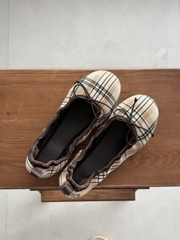 Beige Plaid Bow Ballet Flats