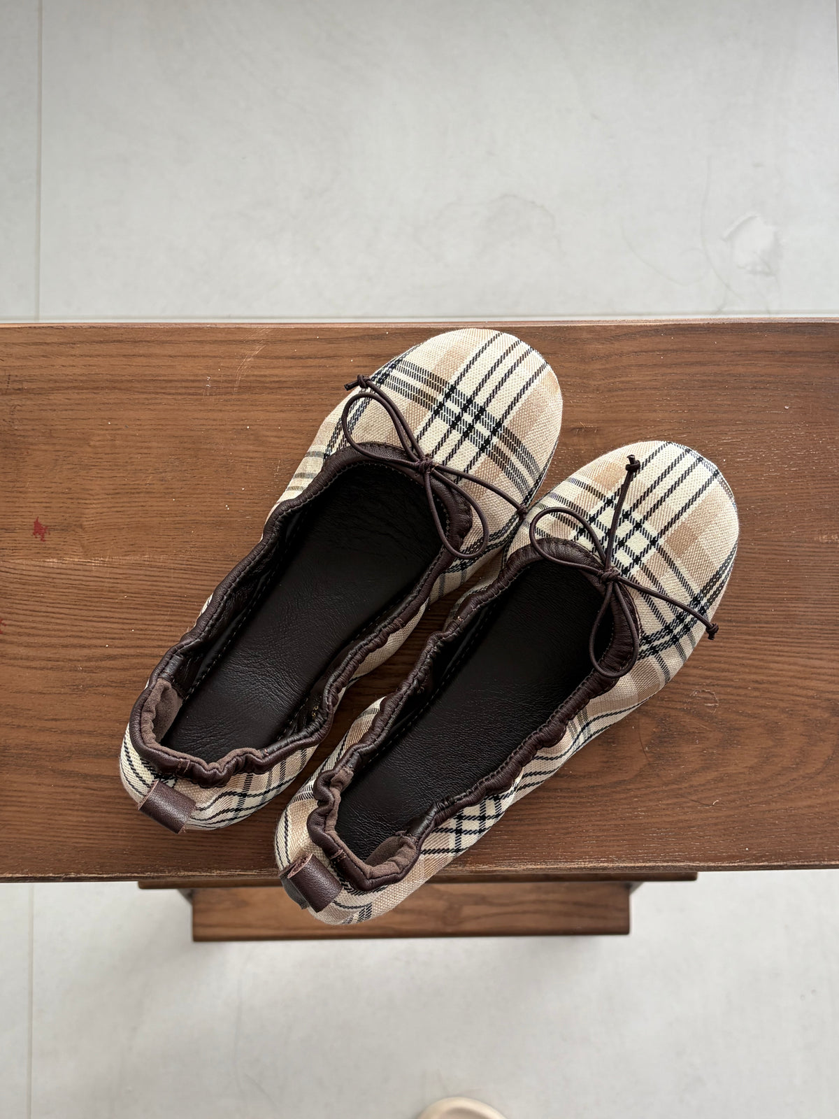 Beige Plaid Bow Ballet Flats