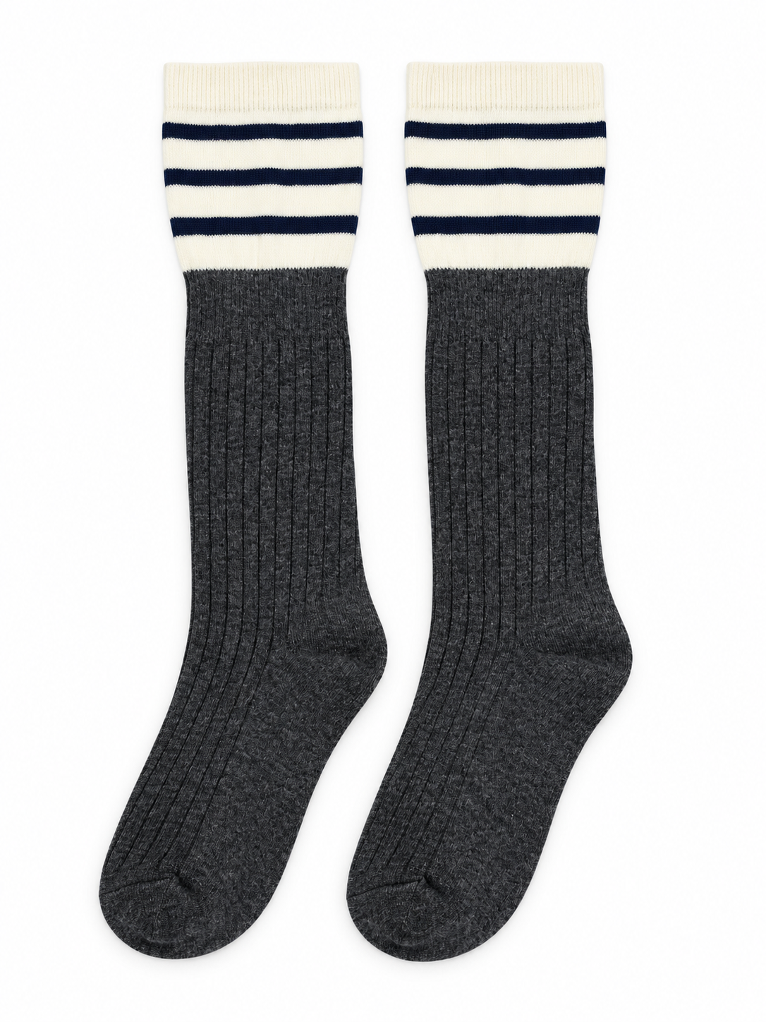 Charcoal Ribbed Knee-High Socks with Striped Cuffs