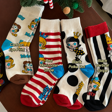 Playful Cartoon Crew Socks – Retro Striped & Polka Dot Women’s Socks