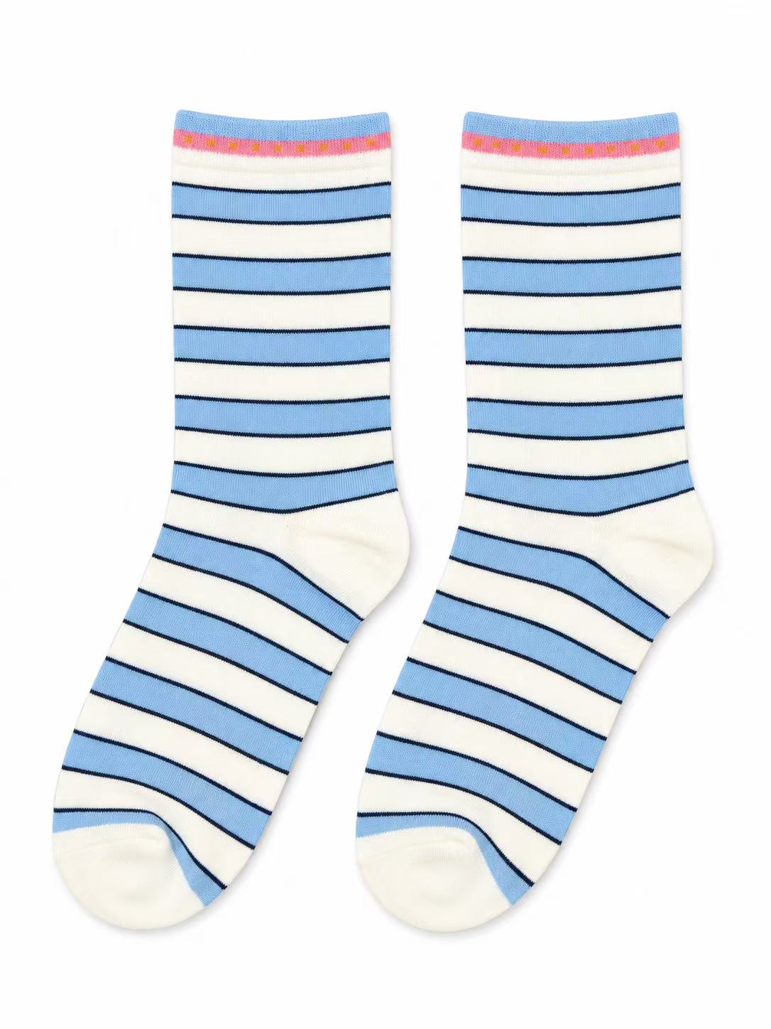 Sky Blue & Cream Striped Socks with Pink Trim