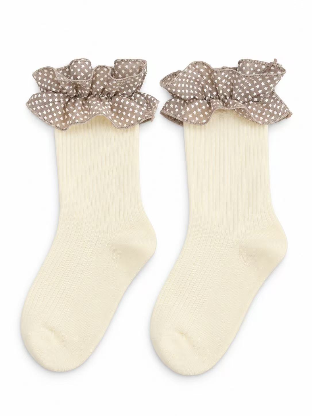 Cream Ribbed Socks with Star-Print Ruffles