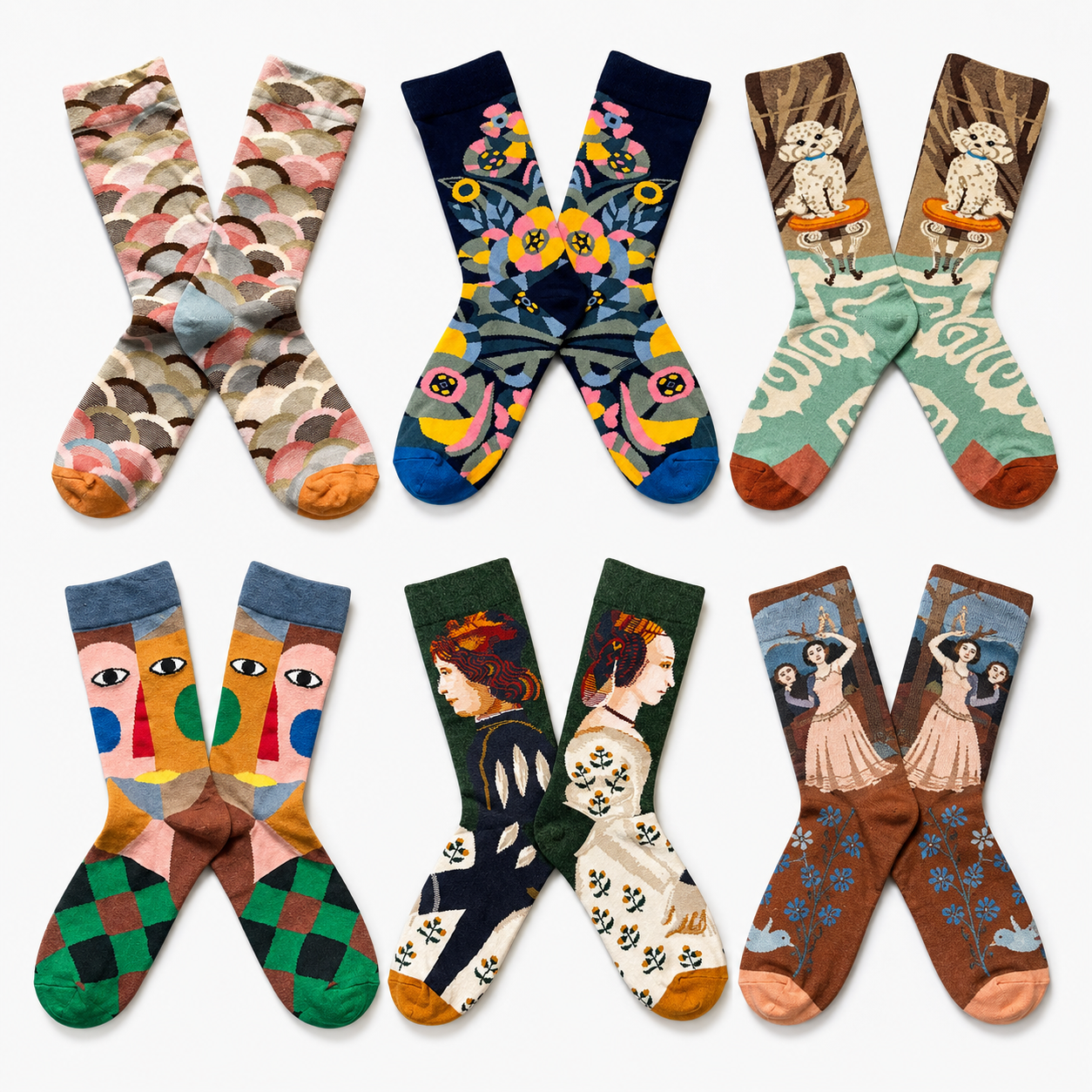 Art-Inspired Statement Crew Socks – Abstract, Floral & Portrait Designs