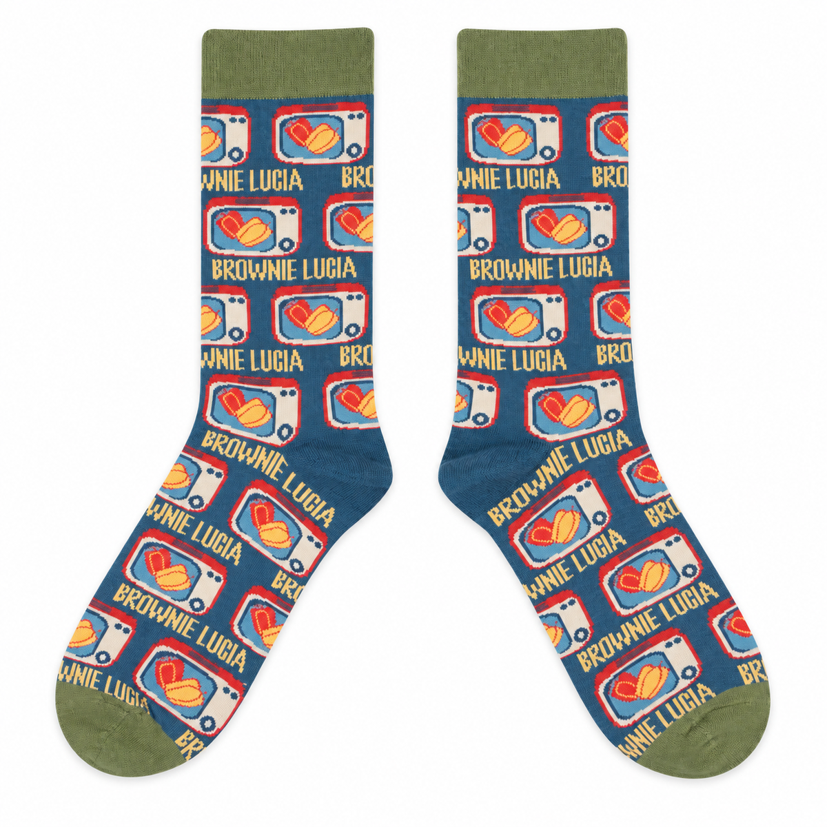 Women’s Vintage TV Print Crew Socks – Retro Blue & Green Cotton Socks