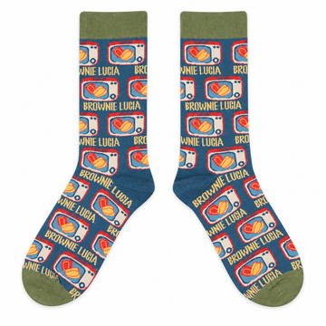Women’s Vintage TV Print Crew Socks – Retro Blue & Green Cotton Socks