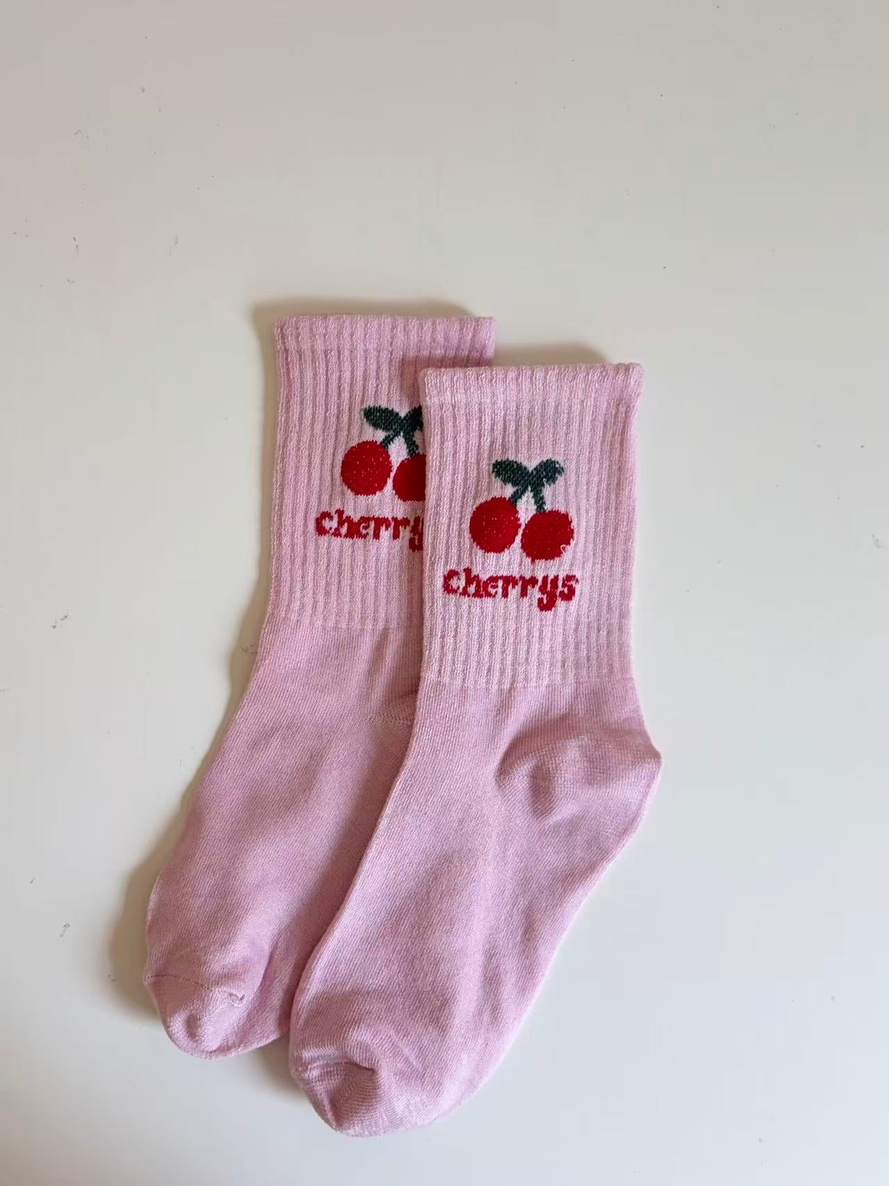 Vintage Cherry Graphic Ribbed Crew Socks - Pink Y2K Aesthetic