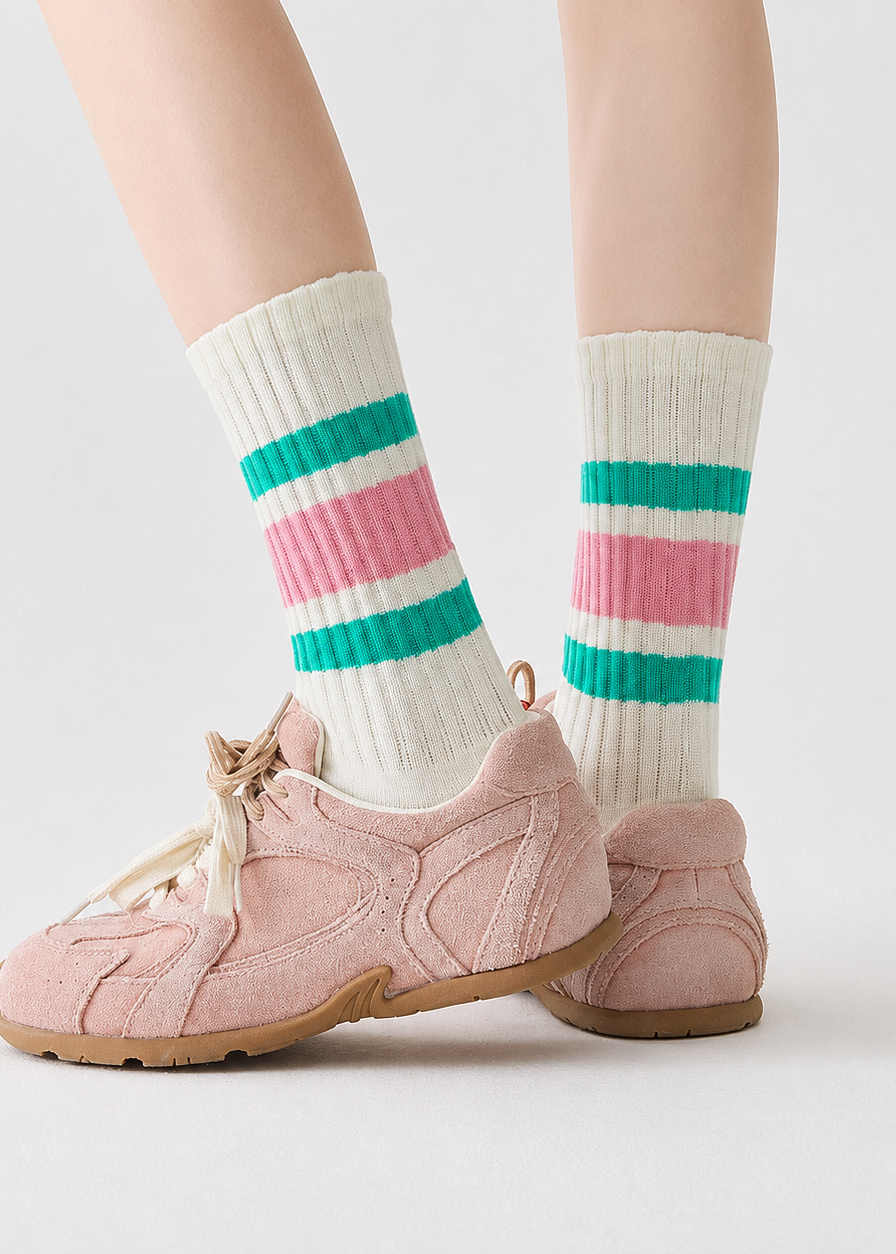 Retro Striped Cotton Crew Socks – Unisex Casual Mid-Calf Socks