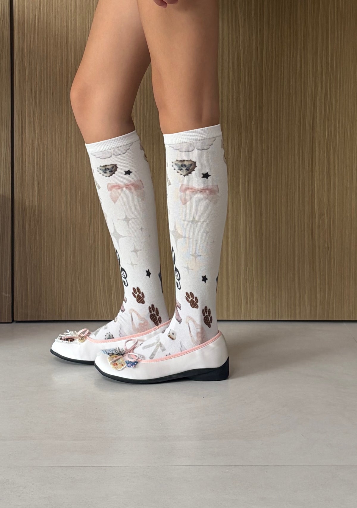 Pink Bow & Paw Print Knee-High Socks