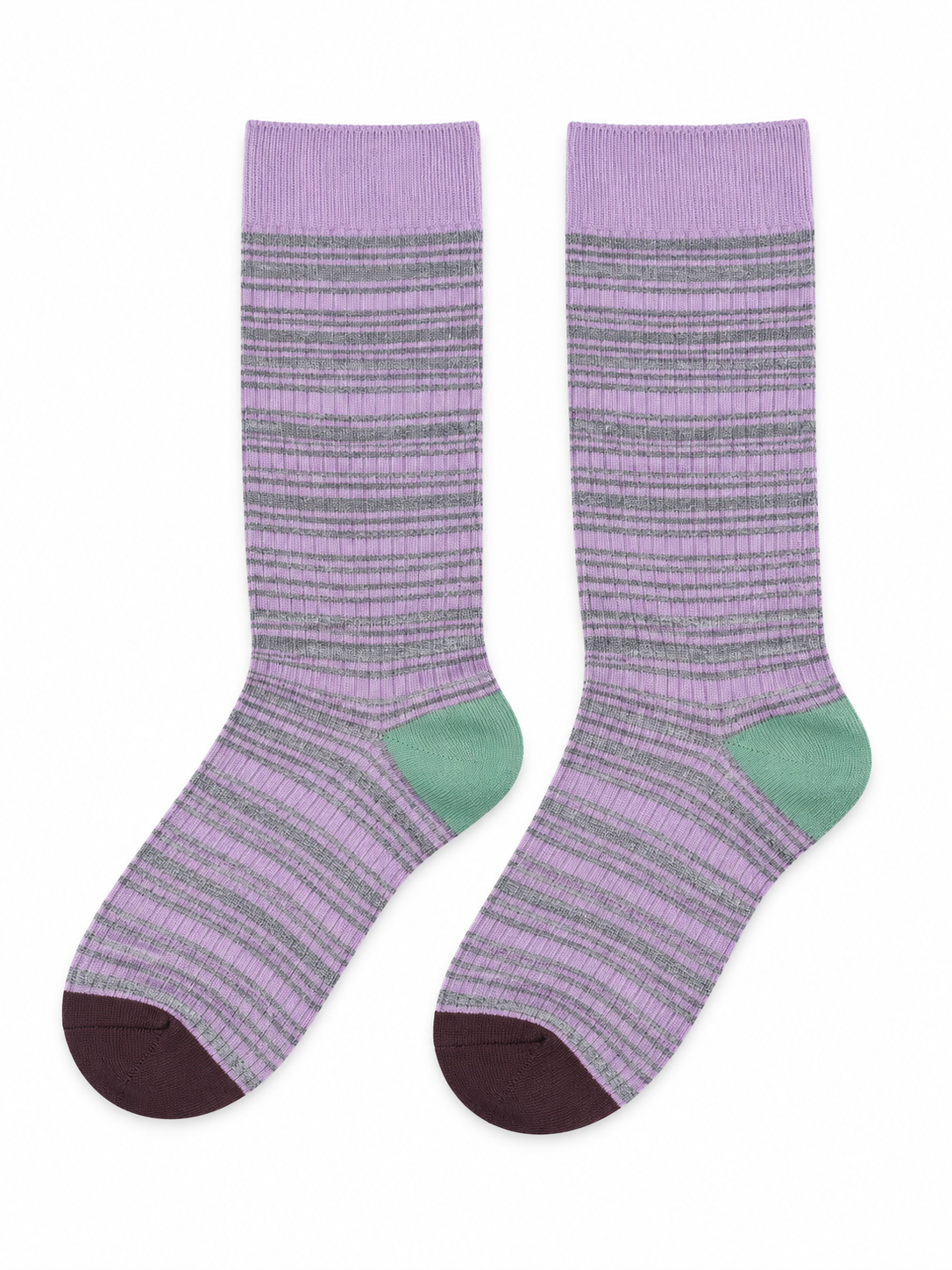 Lilac & Grey Striped Socks with Contrast Heel and Toe