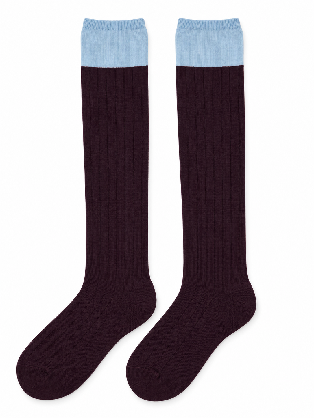 Burgundy & Sky Blue Ribbed Knee-High Socks