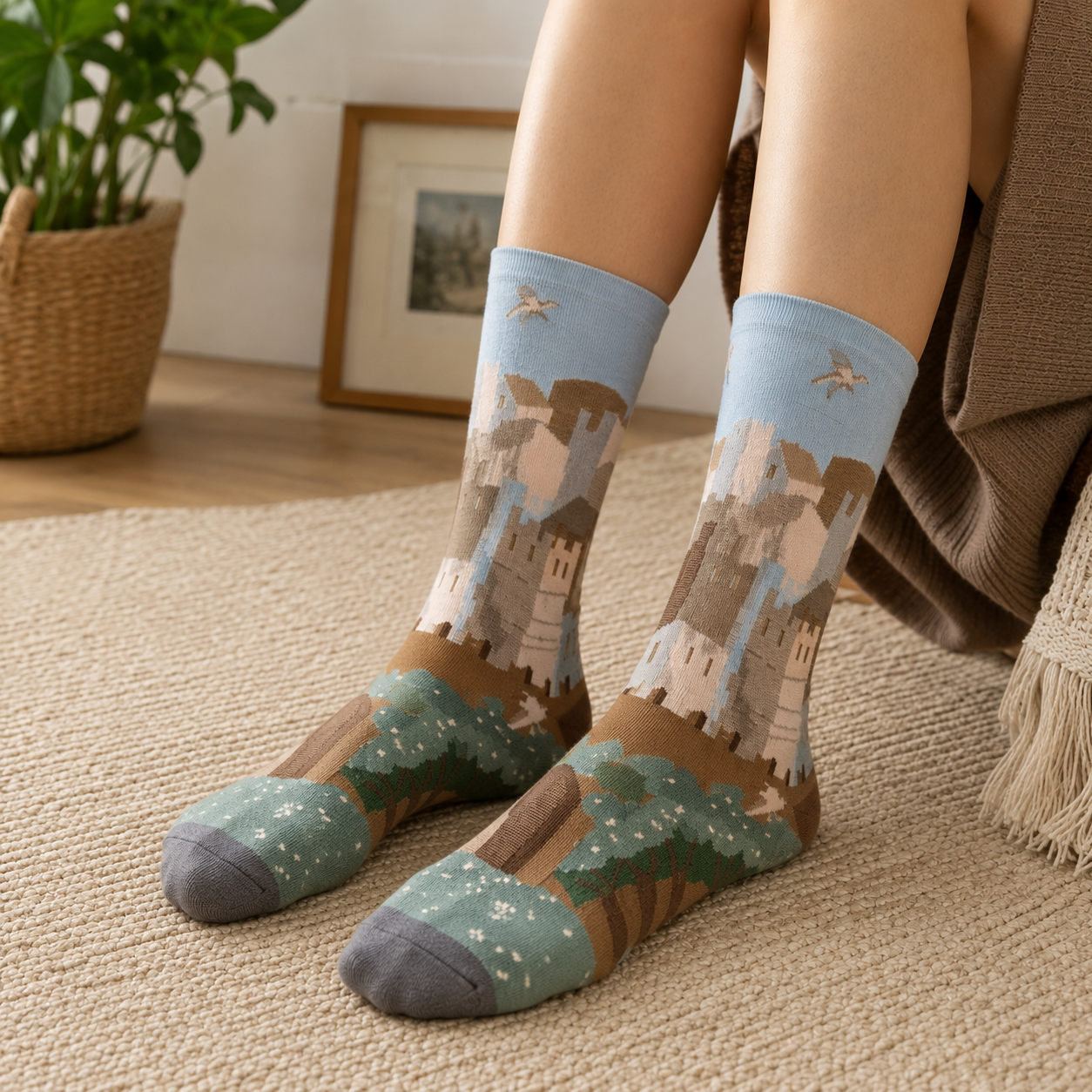 Whimsical Nature Art Crew Socks – Scenic, Floral & Striped Designs