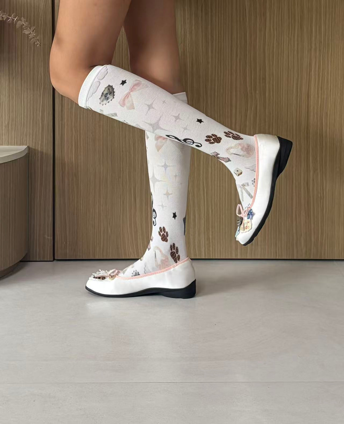 Pink Bow & Paw Print Knee-High Socks