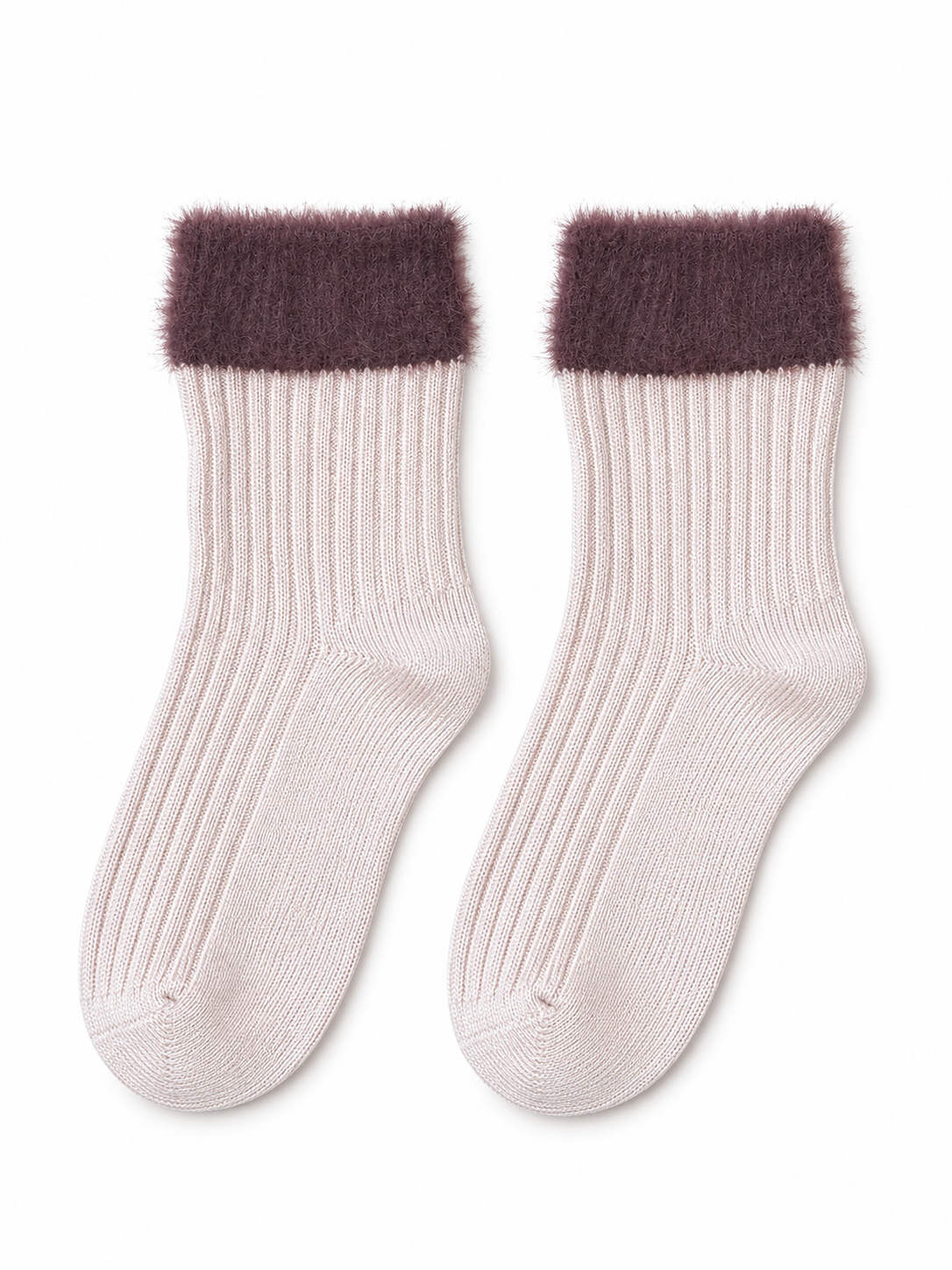 Blush Ribbed Socks with Plum Fluffy Cuffs