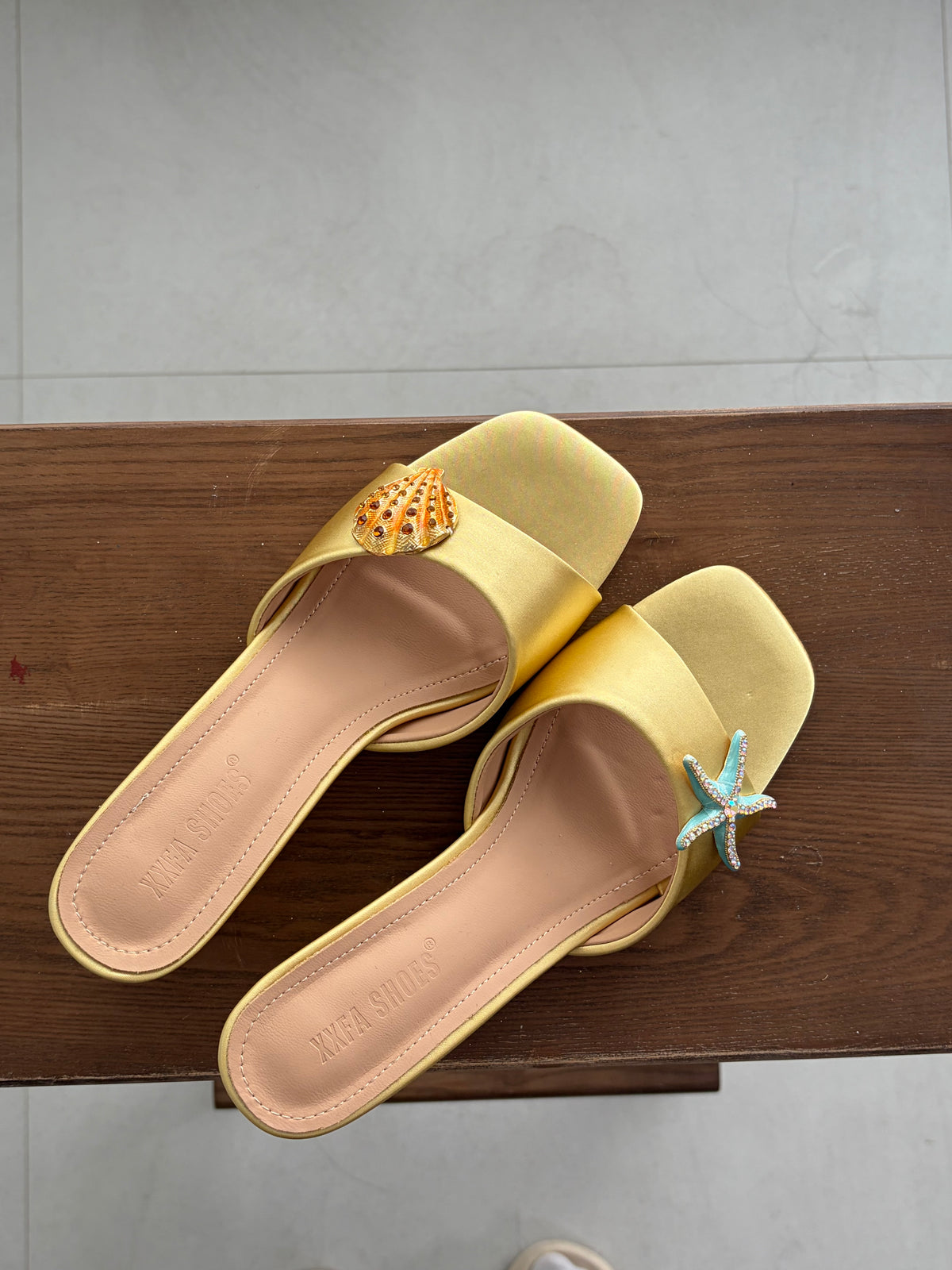 Gold Shell & Starfish Square-Toe Mules