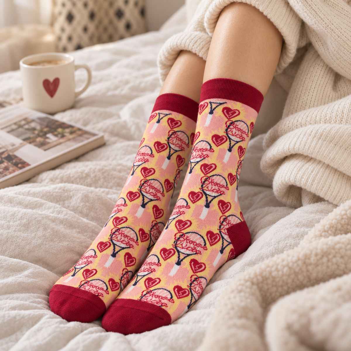 Women’s Retro Heart Print Crew Socks – Pink Graphic Mid-Calf Socks