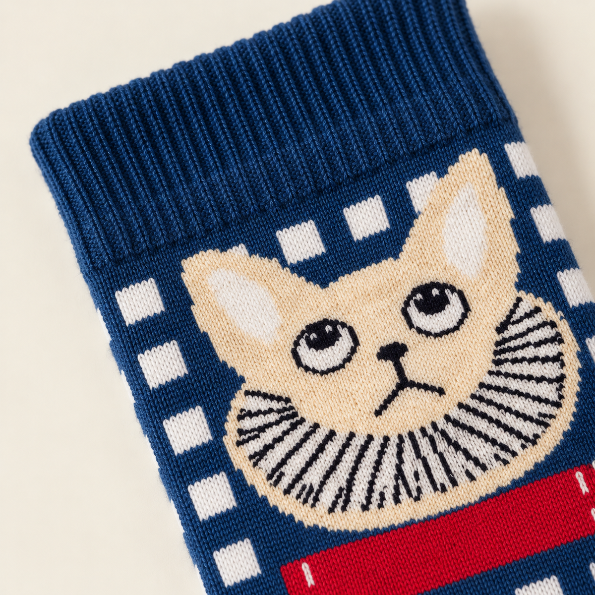 Women’s Vintage Cat Checkered Crew Socks – Blue Mid-Calf Knit Socks