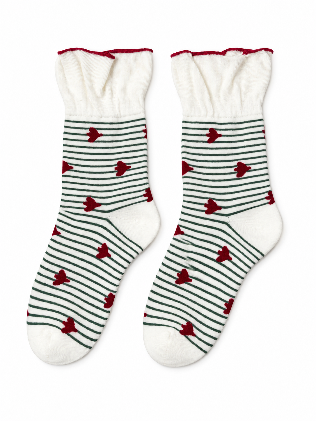 Green Striped Heart Socks with Ruffle Cuffs