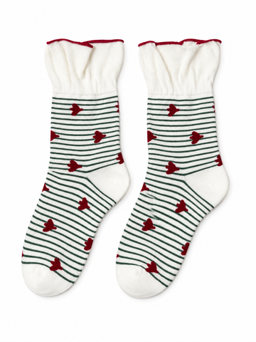 Green Striped Heart Socks with Ruffle Cuffs