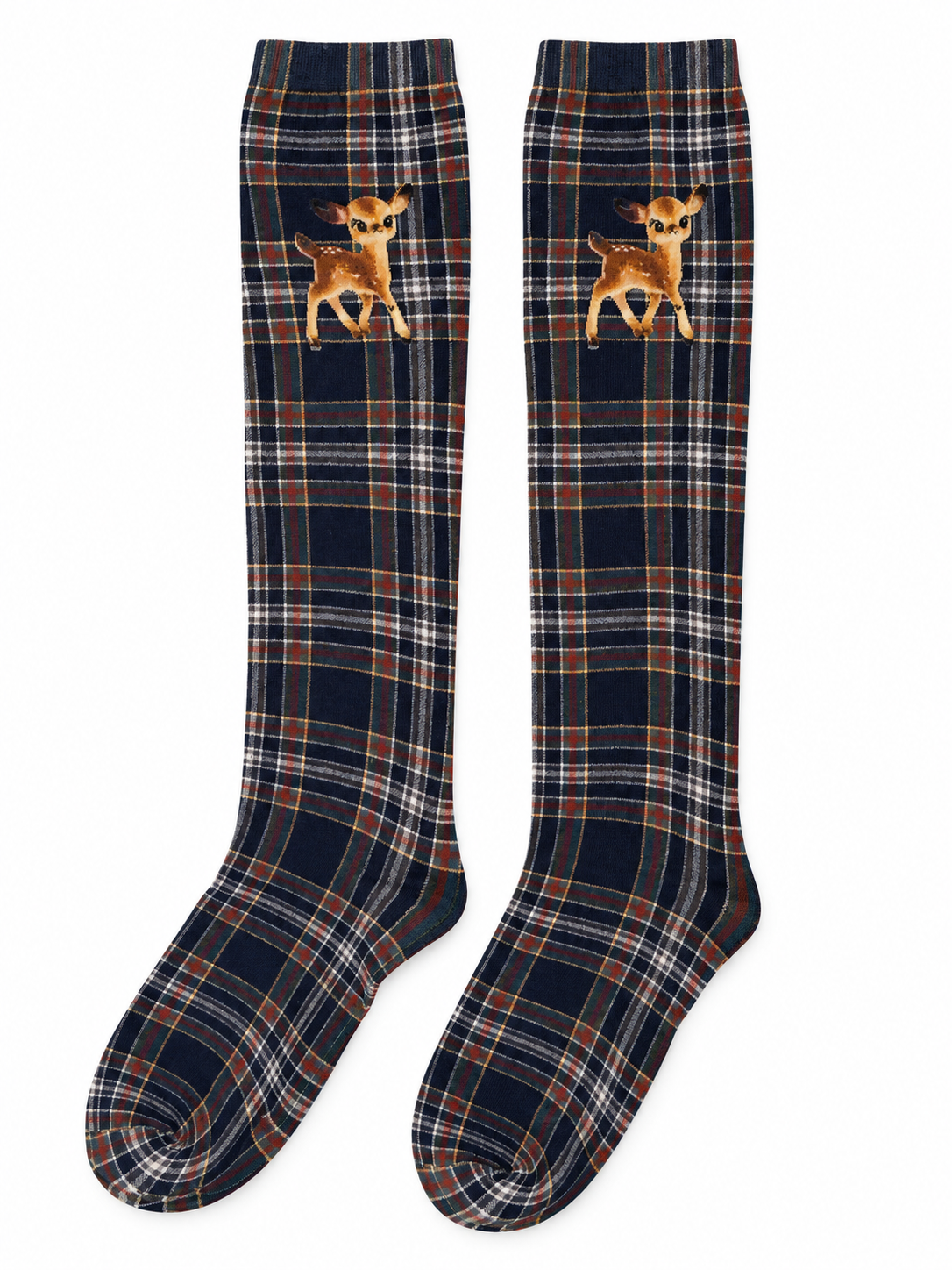 Navy Plaid Deer Knee-High Socks