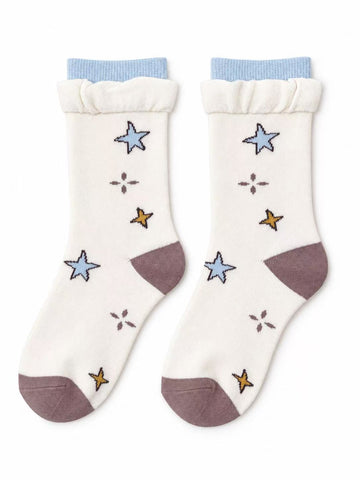 Cream Star Socks with Blue Double Ruffle Cuffs