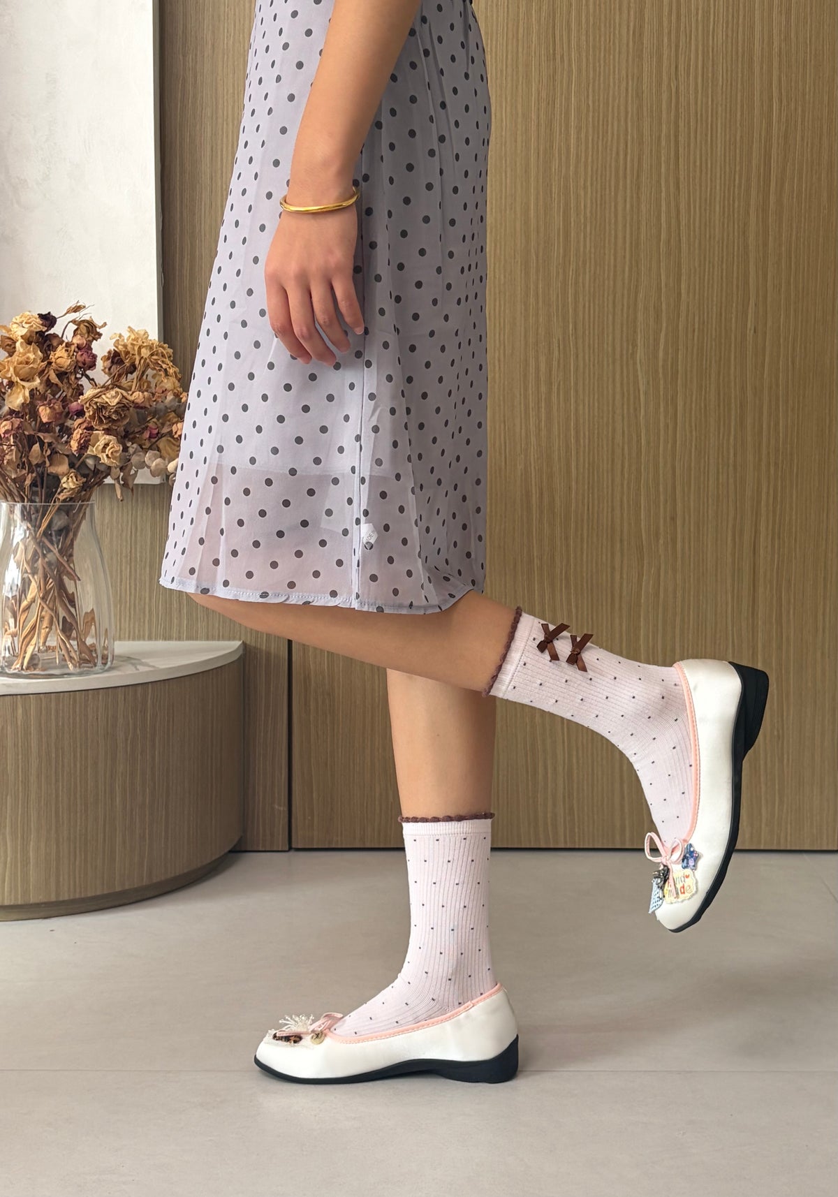 Pink Polka Dot Socks with Brown Bows