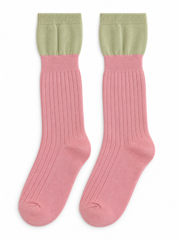Pink & Sage Green Ribbed Knee-High Socks