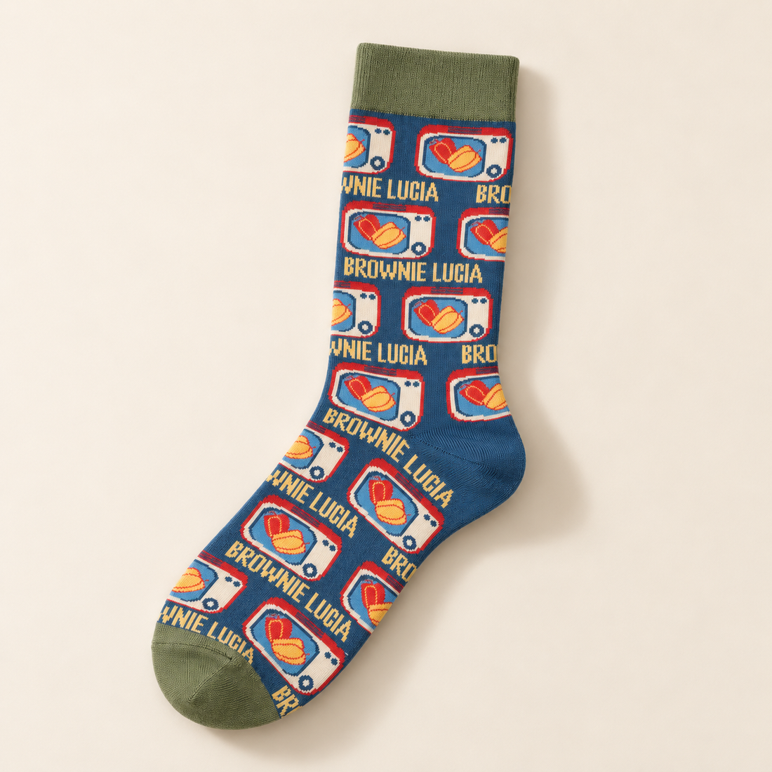 Women’s Vintage TV Print Crew Socks – Retro Blue & Green Cotton Socks