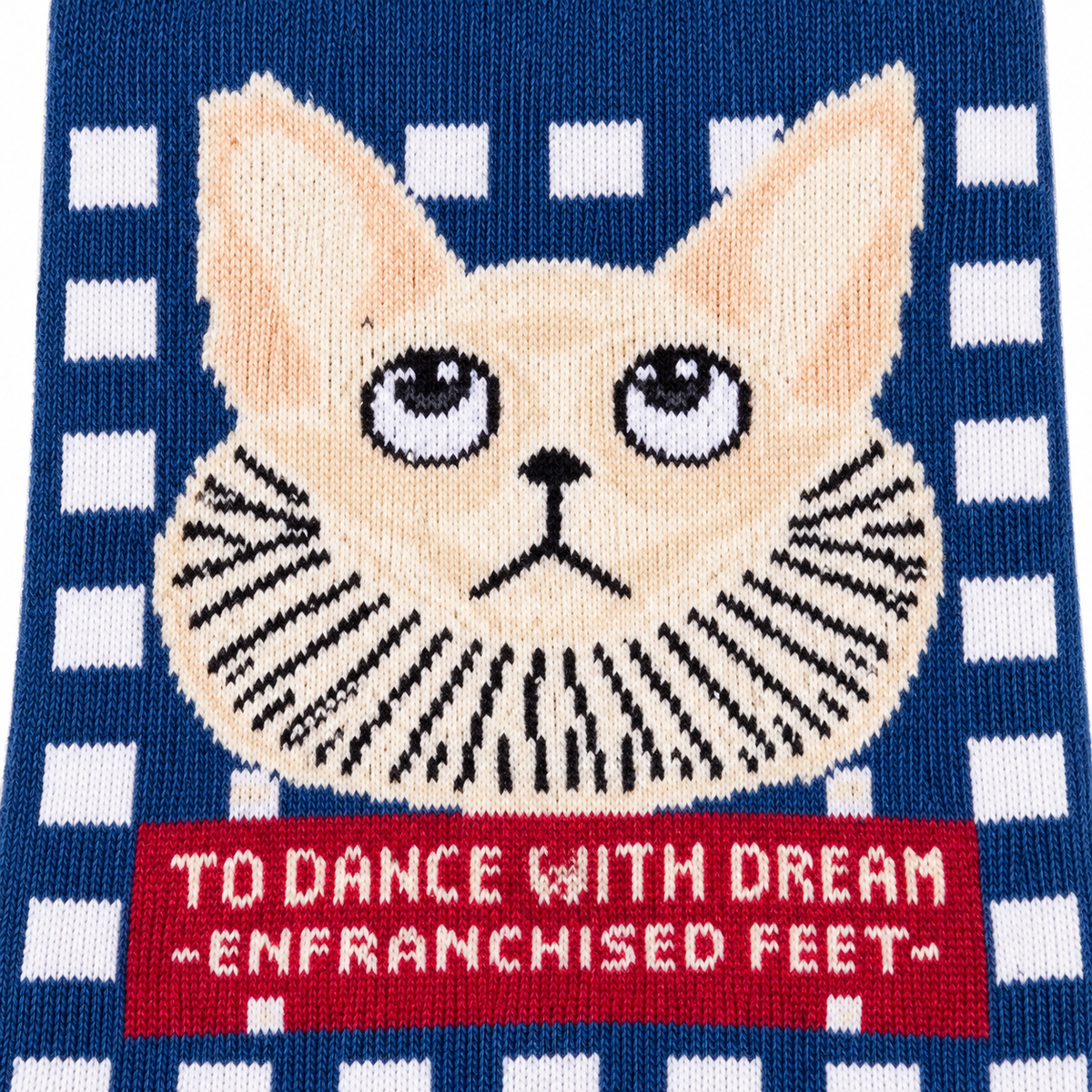 Women’s Vintage Cat Checkered Crew Socks – Blue Mid-Calf Knit Socks