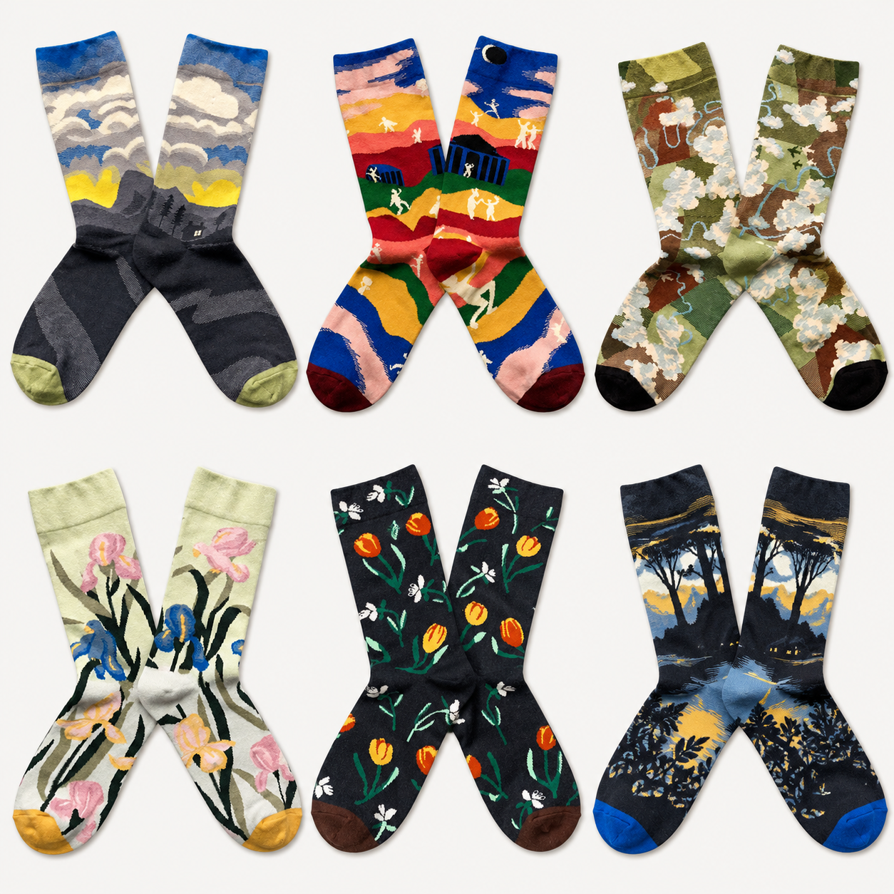 Artistic Floral & Landscape Crew Socks – 6 Unique Patterned Styles
