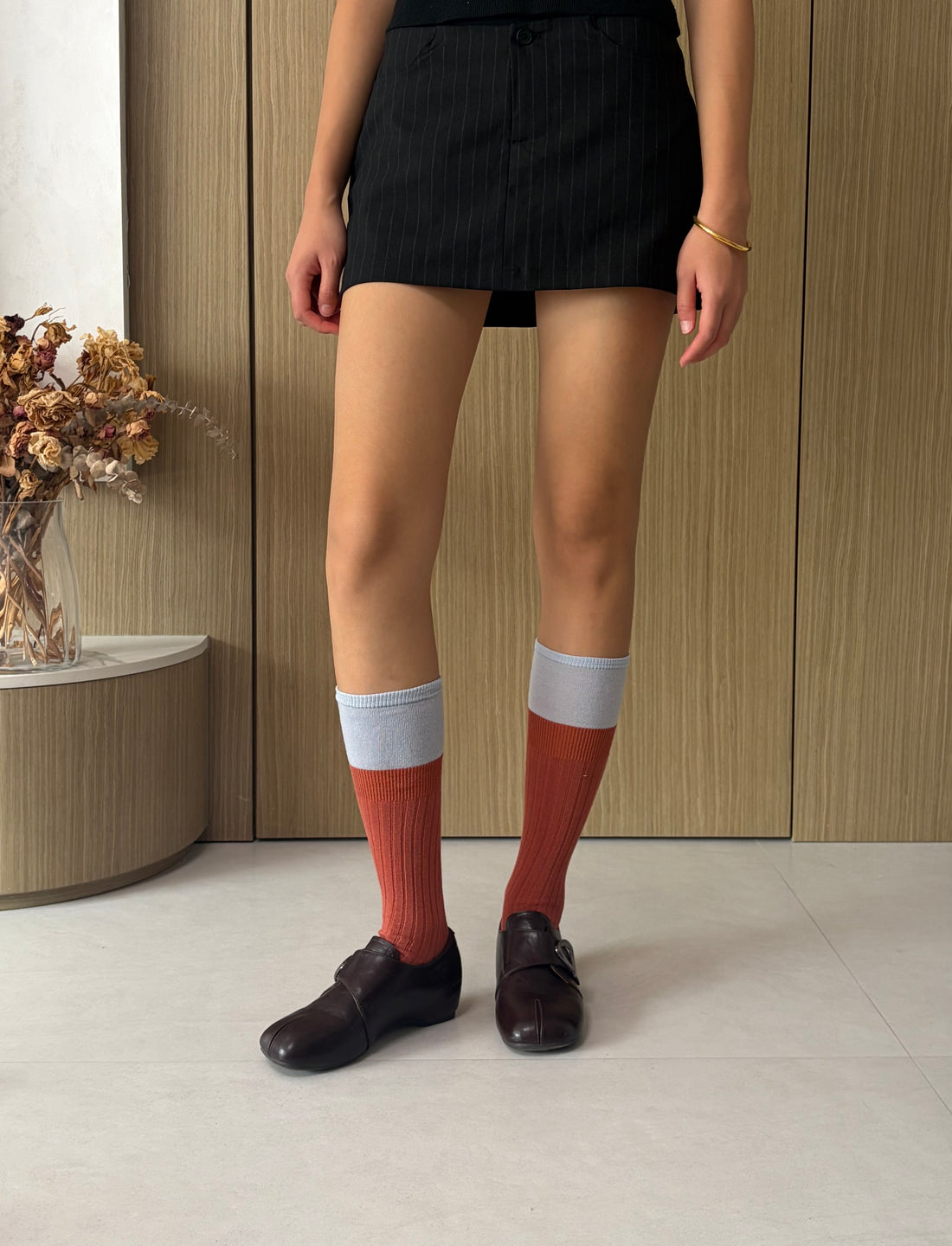 Rust & Sky Blue Ribbed Knee-High Socks