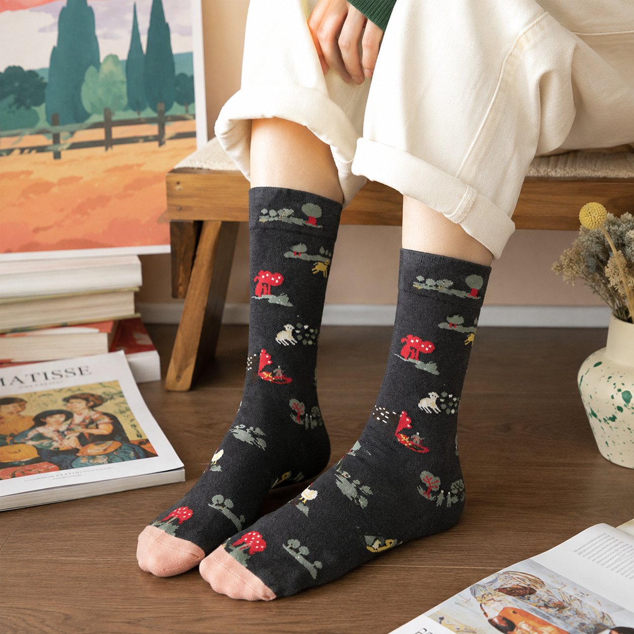 Whimsical Storybook Art Crew Socks – Animal, Floral & Woodland Designs