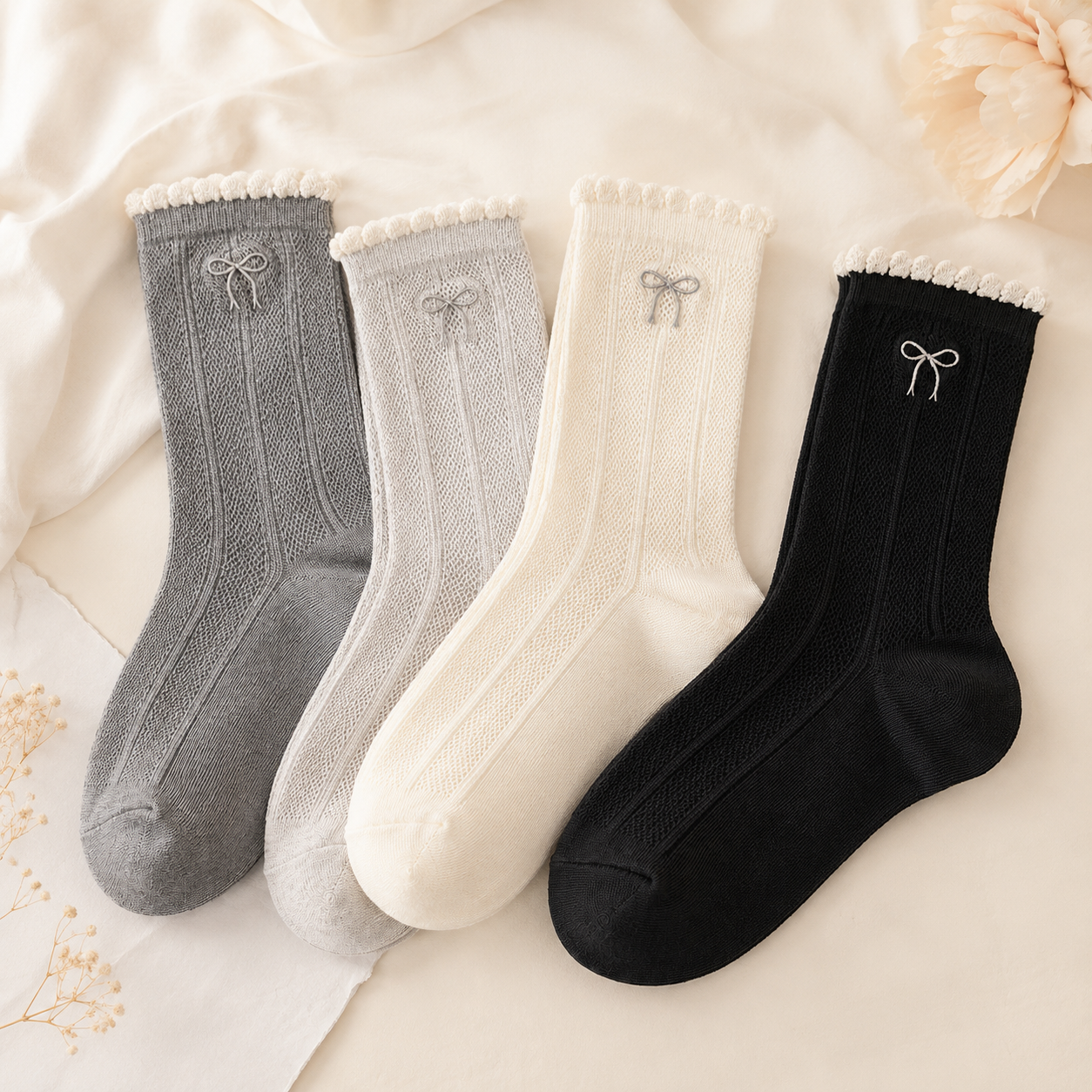 Cute Bow Ruffle Crew Socks for Women