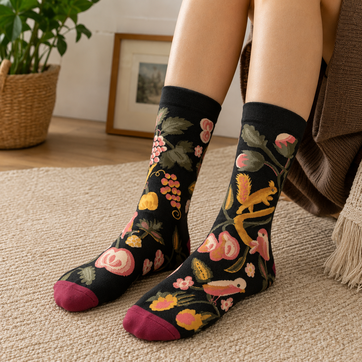 Whimsical Nature Art Crew Socks – Scenic, Floral & Striped Designs