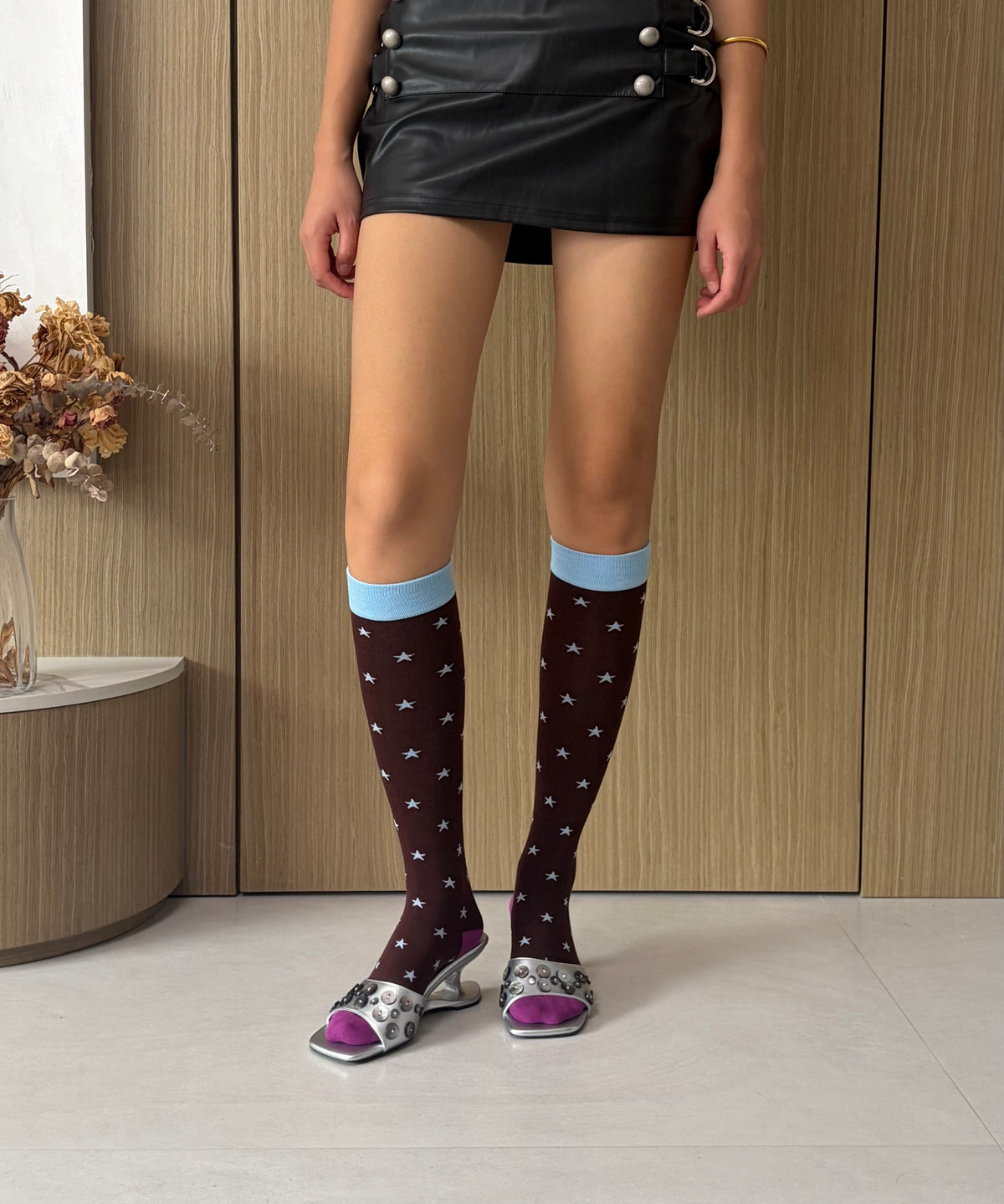 Brown & Blue Star Knee-High Socks