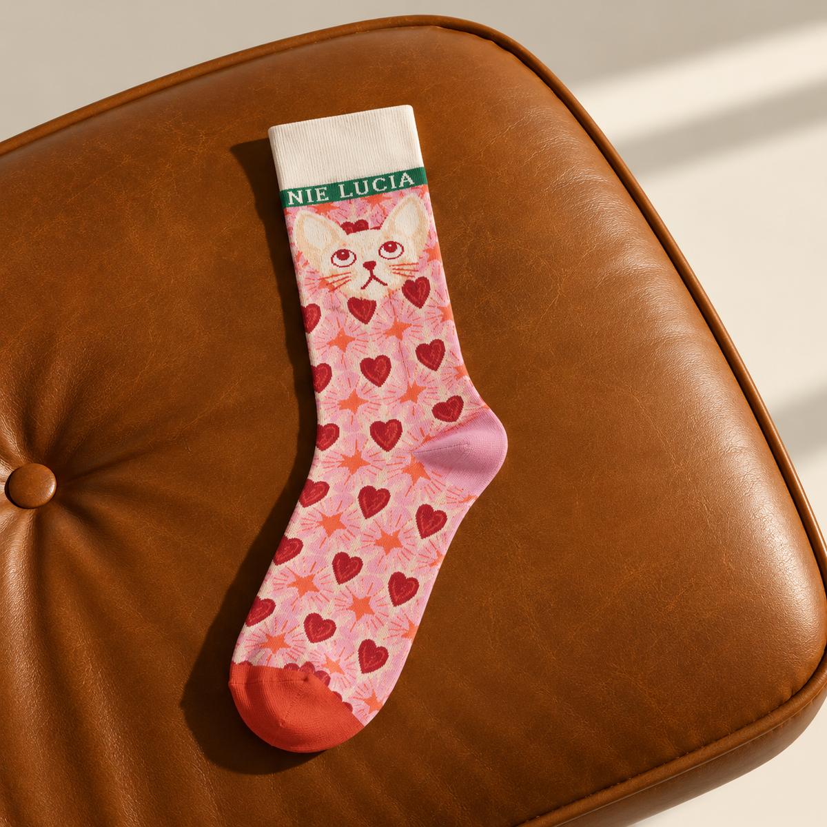 Women’s Vintage Cat & Heart Pattern Crew Socks – Cute Mid-Calf Knit Socks