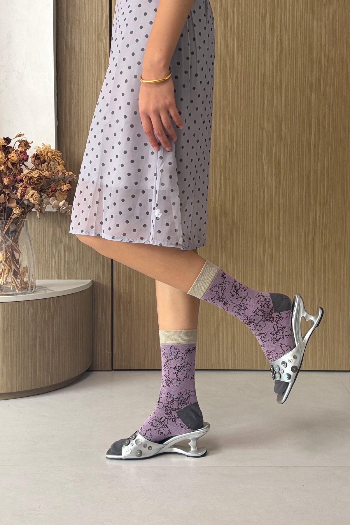 Lilac Floral Socks with Contrast Cuffs