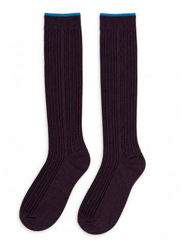 Plum Ribbed Knee-High Socks with Blue Trim