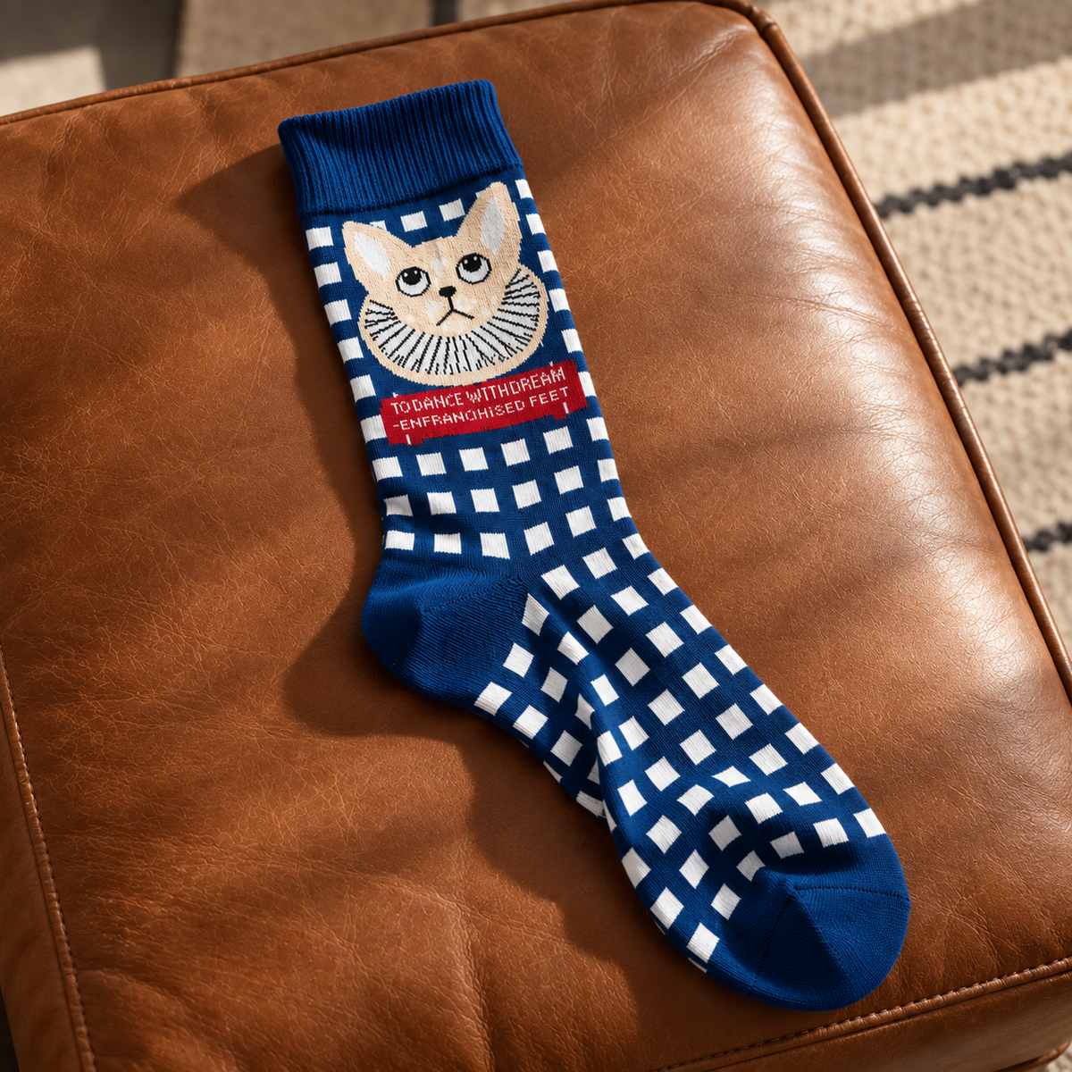 Women’s Vintage Cat Checkered Crew Socks – Blue Mid-Calf Knit Socks