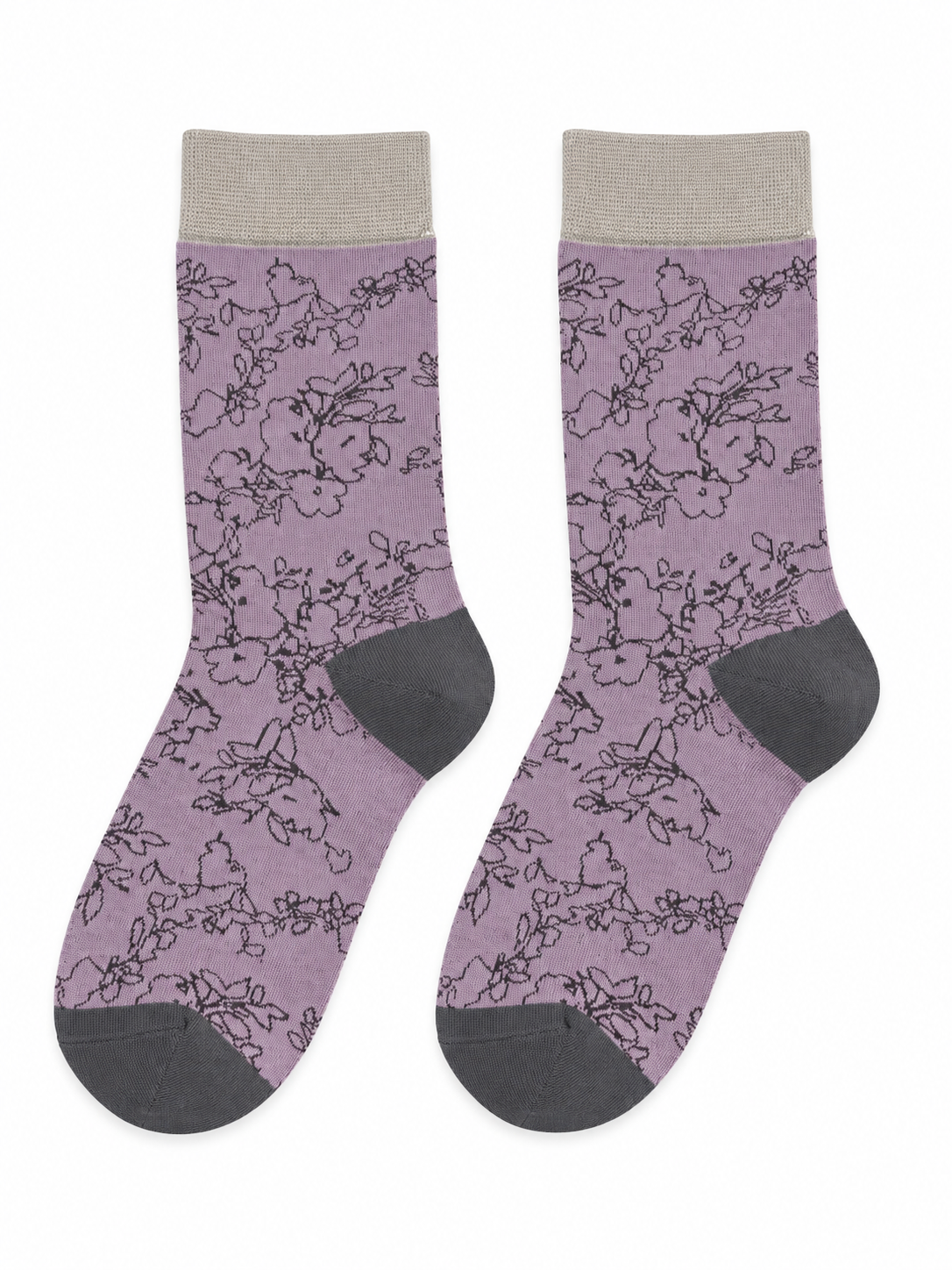 Lilac Floral Socks with Contrast Cuffs