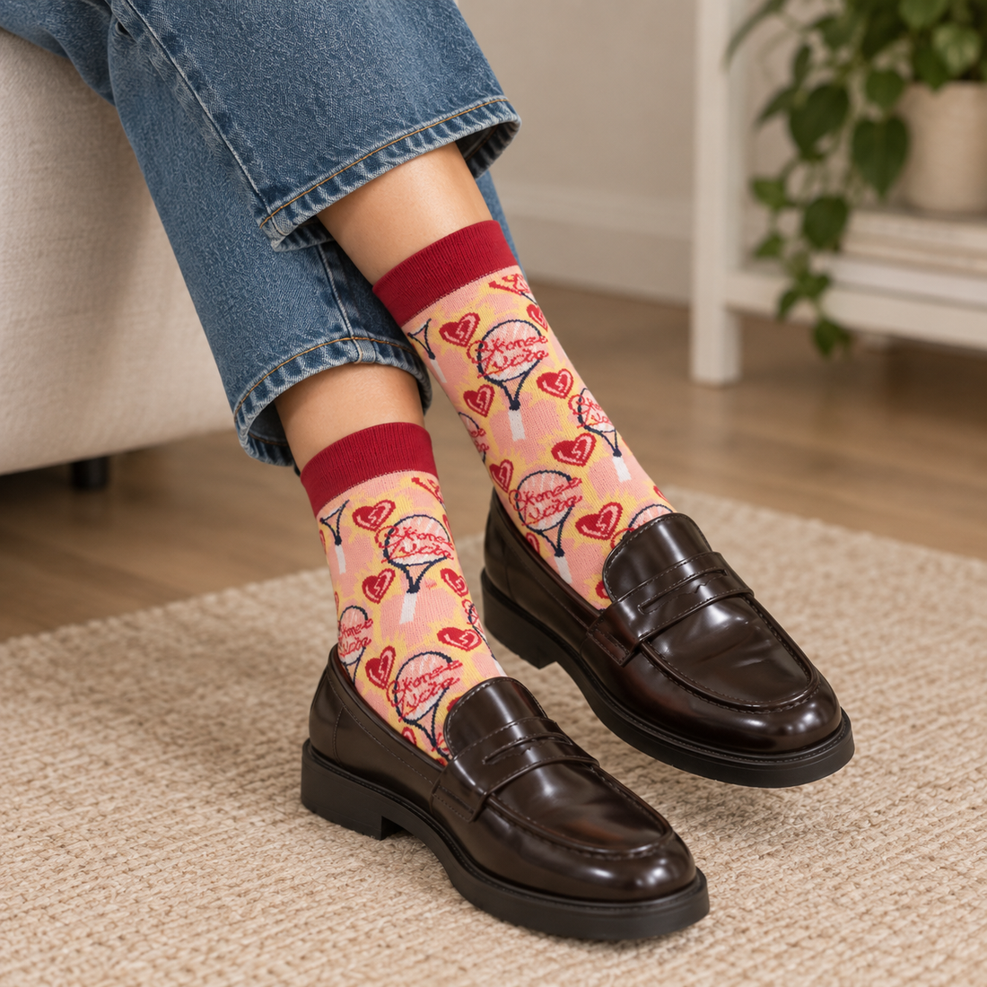 Women’s Retro Heart Print Crew Socks – Pink Graphic Mid-Calf Socks