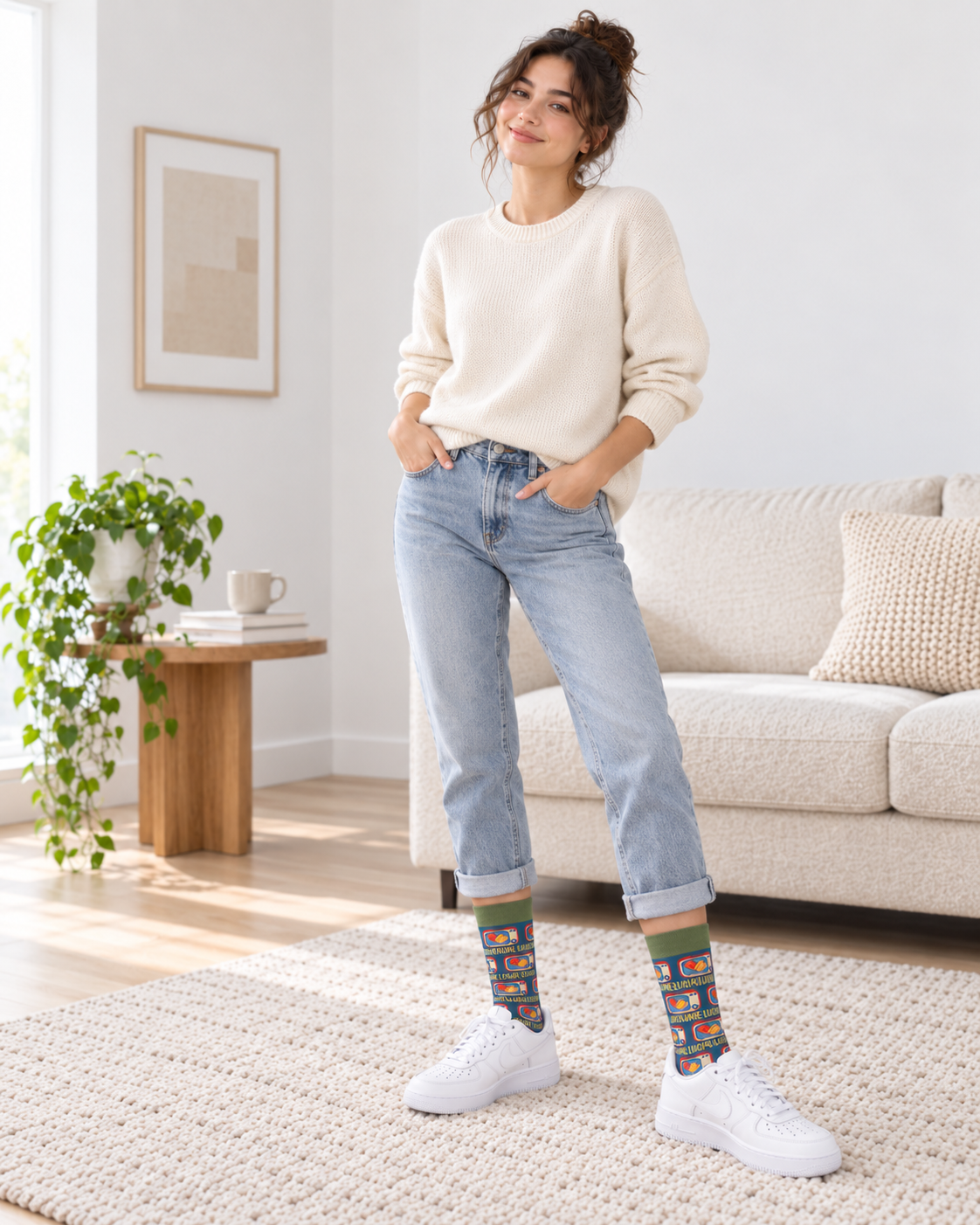 Women’s Vintage TV Print Crew Socks – Retro Blue & Green Cotton Socks